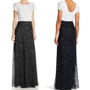 Adrianna Papell Sequin Beaded Colorblock Mermaid Gown Size 8‎ Petite Ivory Black
